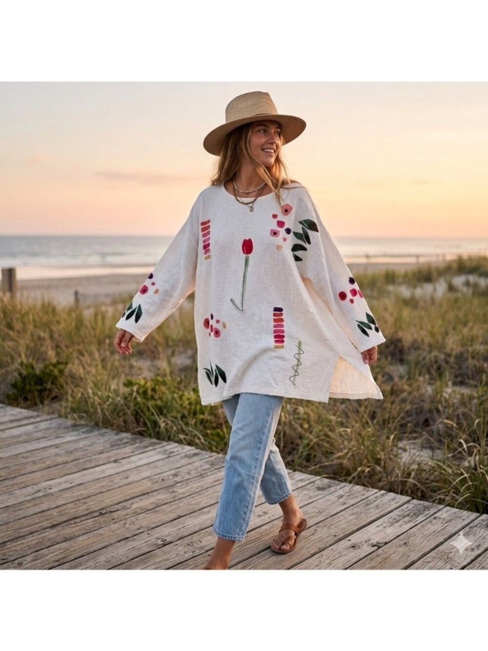 Vintage Play Alegre Hand Painted Floral Tunic Top Lagenlook Artsy Maximalist M L